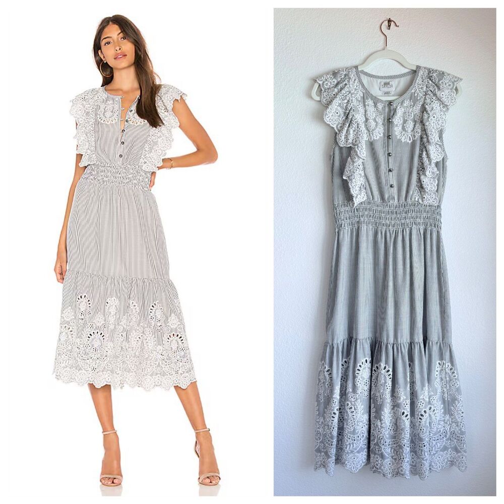SAYLOR Striped Embroidered Eyelet Maliyah Midi Dress in White & Blue Size Small